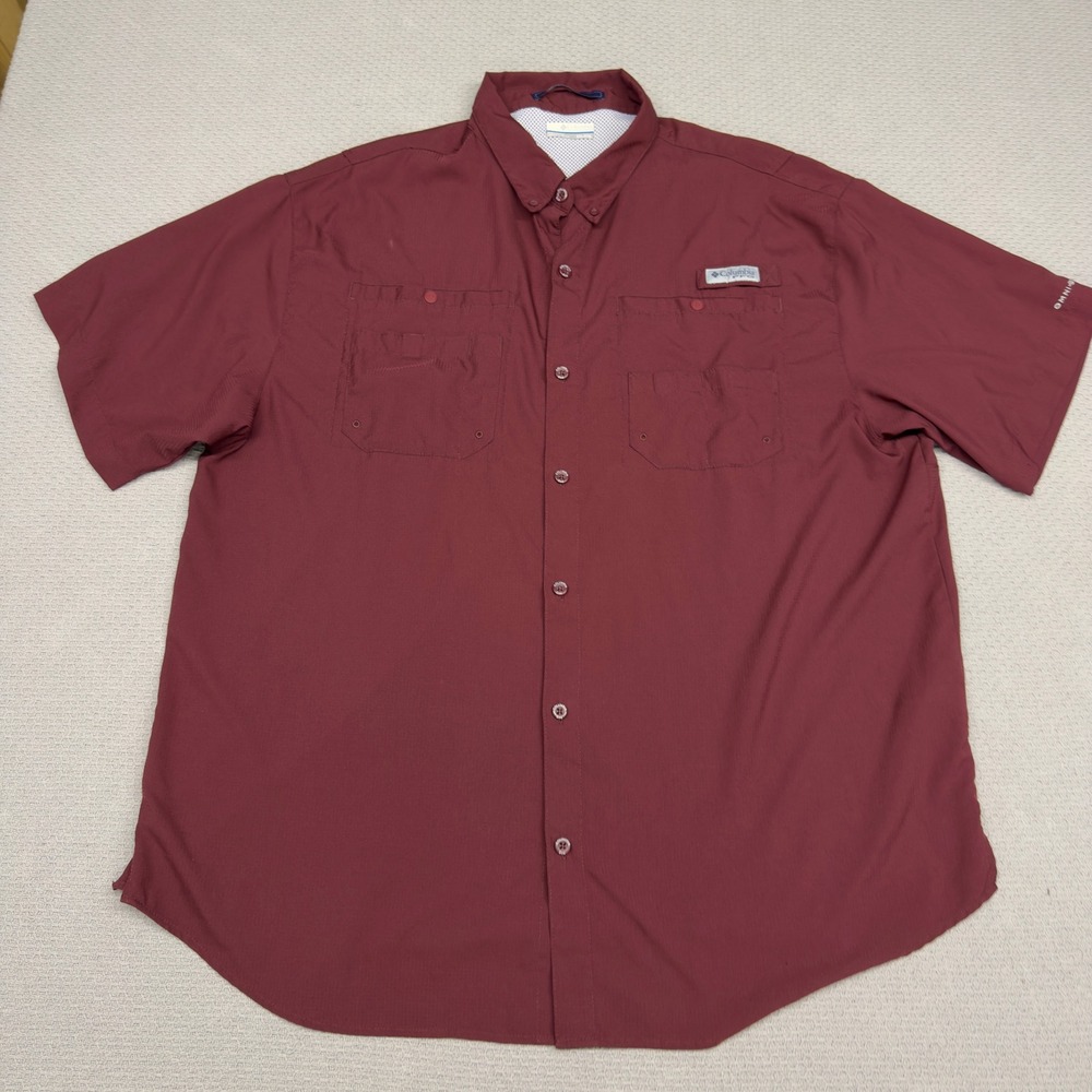 Columbia PFG Shirt Mens XXL Burgundy Red Short Sleeve Omnishade Vented Hiking
